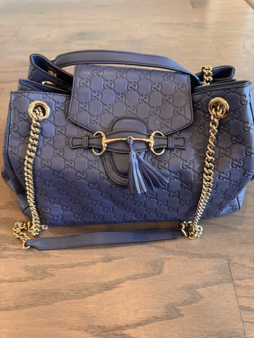 Gucci Emily Blue GG Leather Shoulder Bag with Gold Chain Guccissima bag